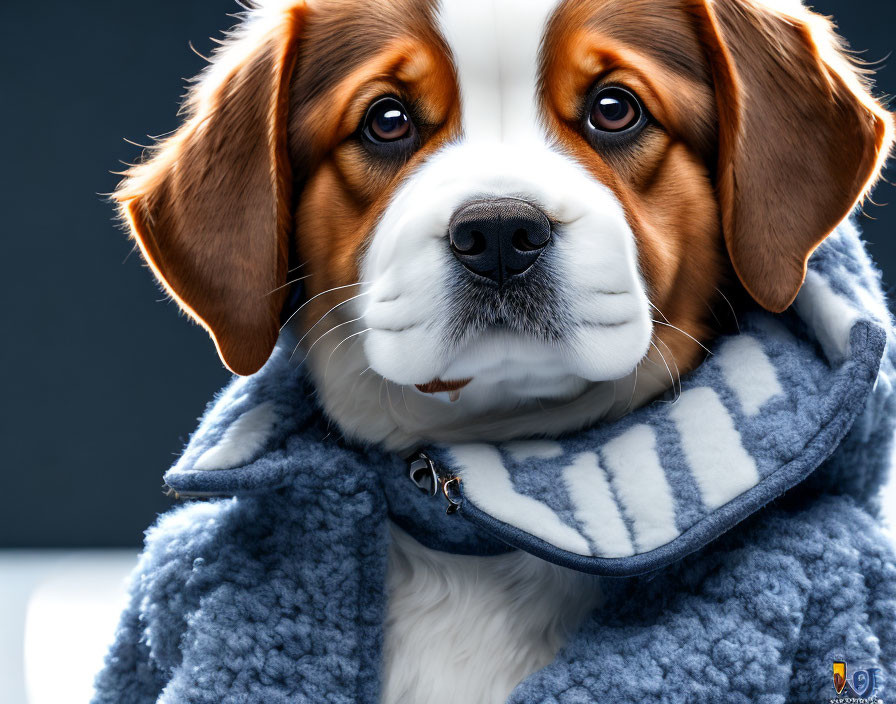 Brown and White Dog in Blue Striped Scarf Close-Up