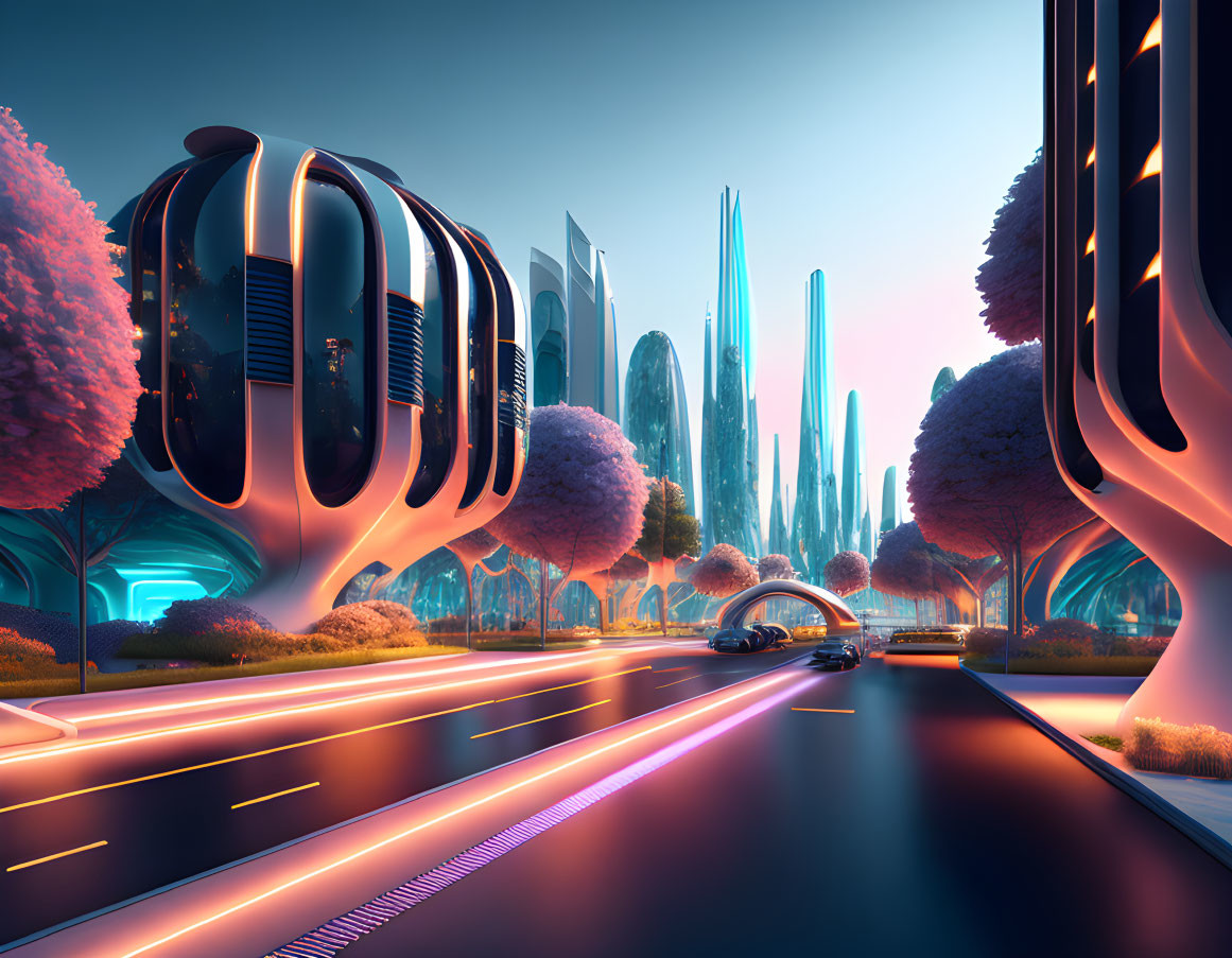 Neon-lit futuristic cityscape at dusk