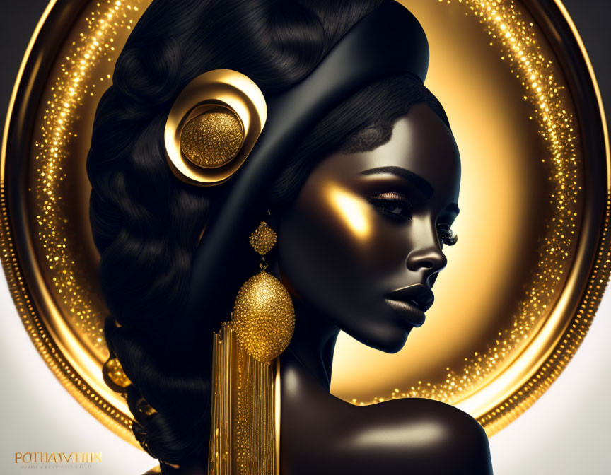 Golden-themed digital artwork featuring a woman with intricate hairstyle and jewelry