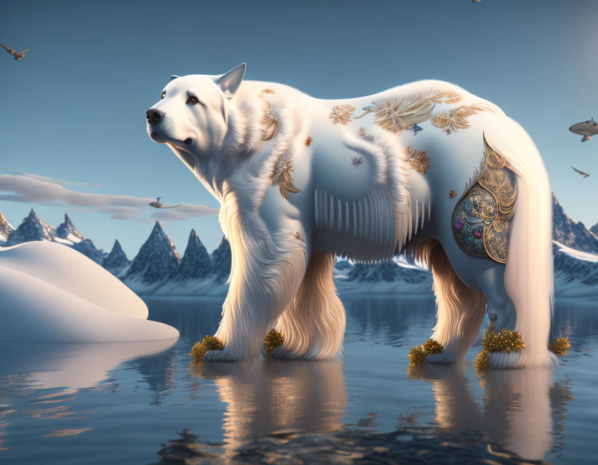 White bear with gold and blue patterns by ice-covered lake