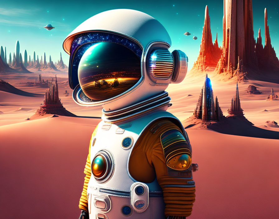 Futuristic astronaut on alien planet with red rocks and spaceships