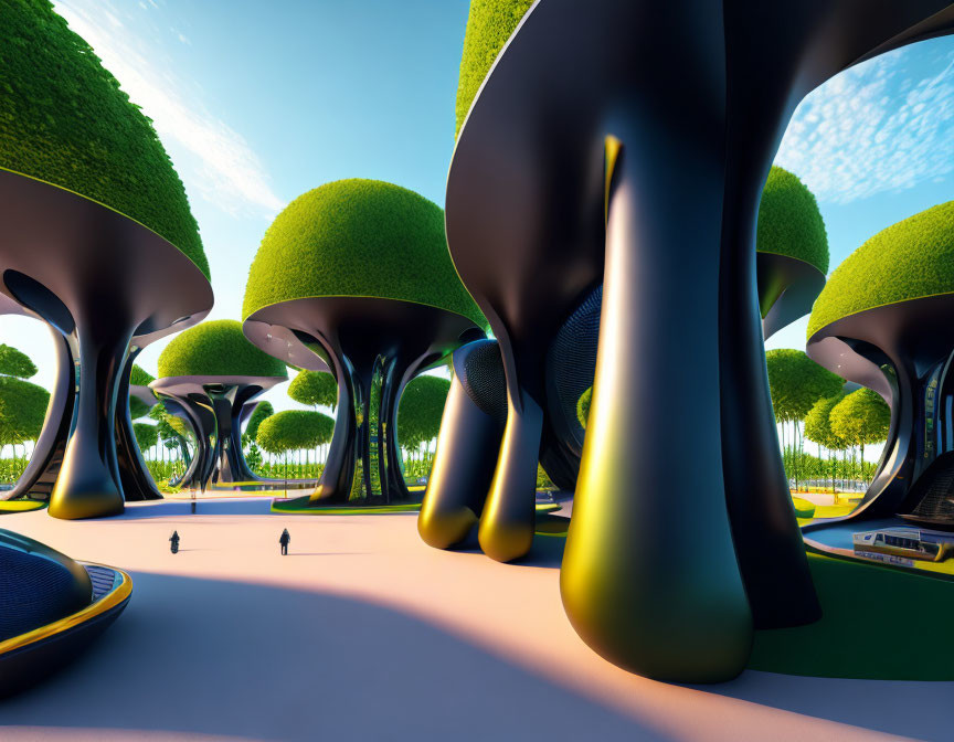 Futuristic park with tree-like structures and tiny human figures under blue sky