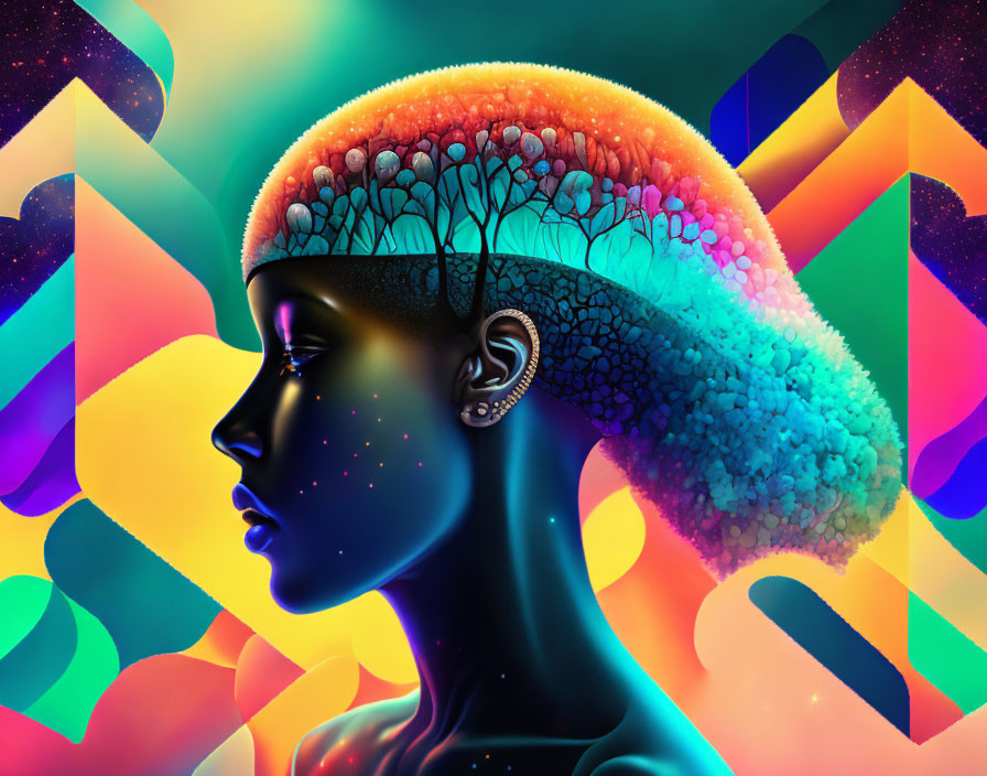 Colorful digital artwork: Woman with brain-tree profile on abstract background