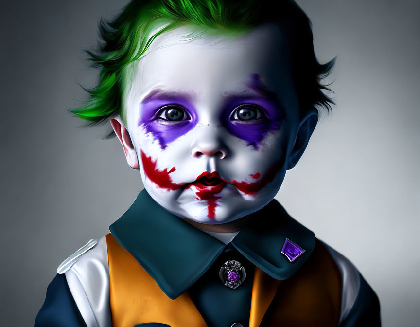 Toddler with Joker-inspired makeup and green hair in formal uniform