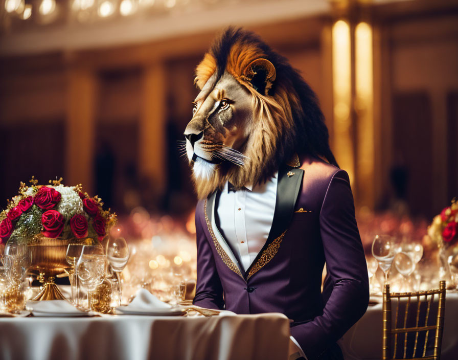 Person in Lion Mask and Tuxedo at Elegant Banquet Table