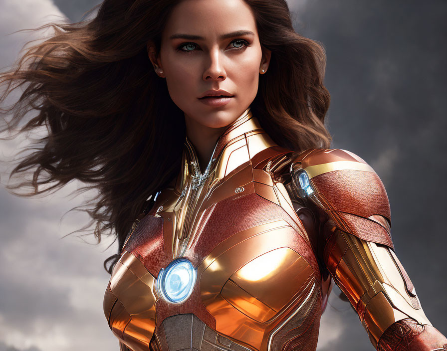 Female superhero in red and gold armor with glowing blue core