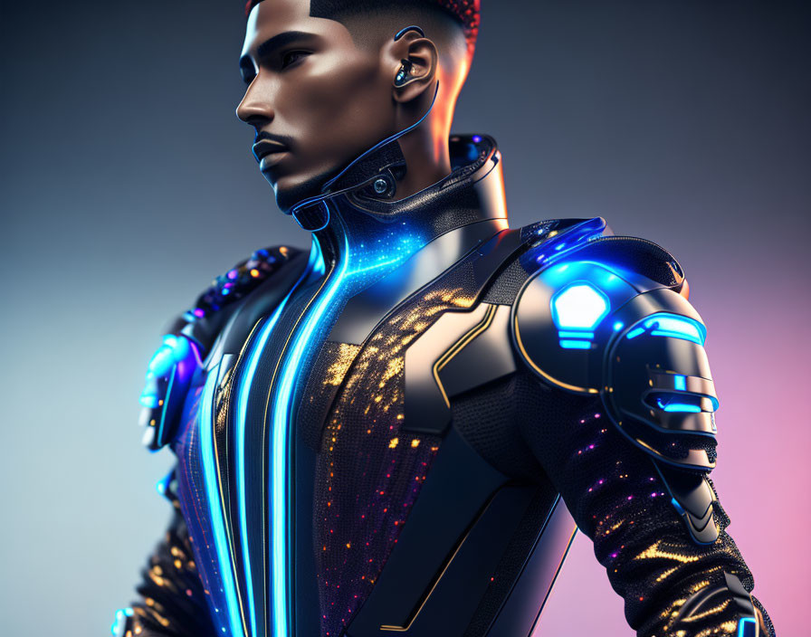 Futuristic male figure in stylized armor with neon lights on gradient background