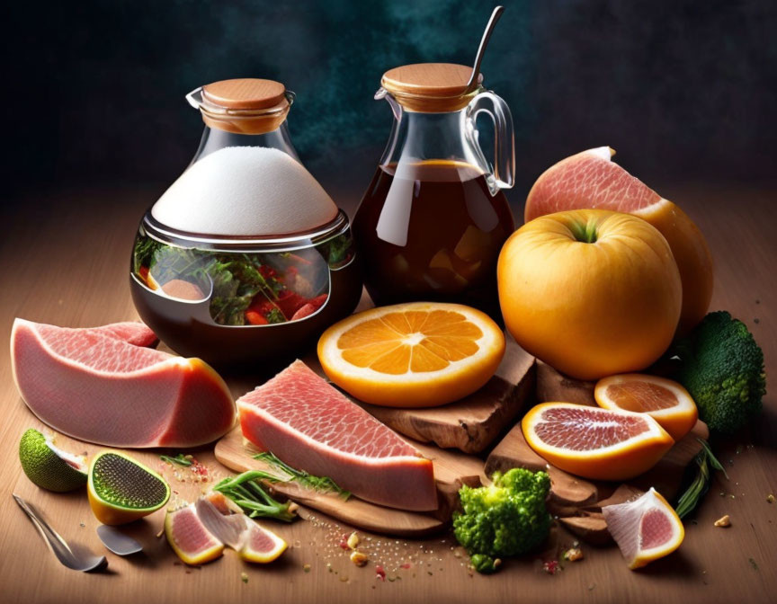 Colorful Fruit and Vegetable Still Life on Wooden Table