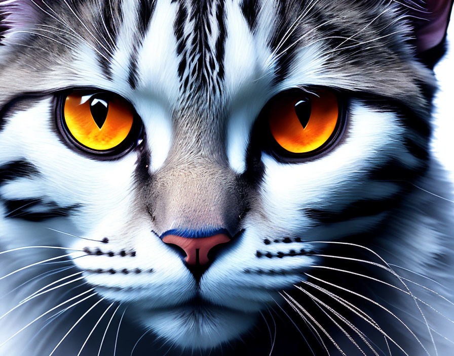 Detailed digital illustration of a cat with orange eyes and pink nose