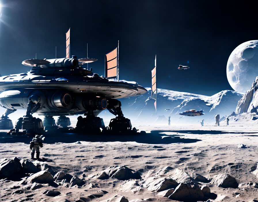 Futuristic lunar landscape with astronauts and spaceships