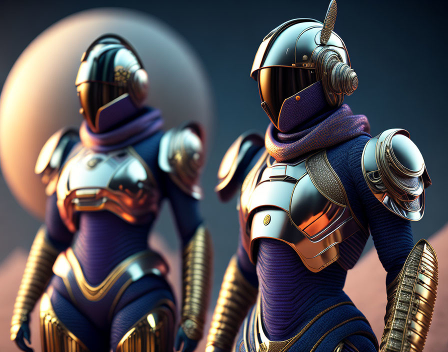 Futuristic knights in stylized armor with reflective visor and horn-like adornments against moon or