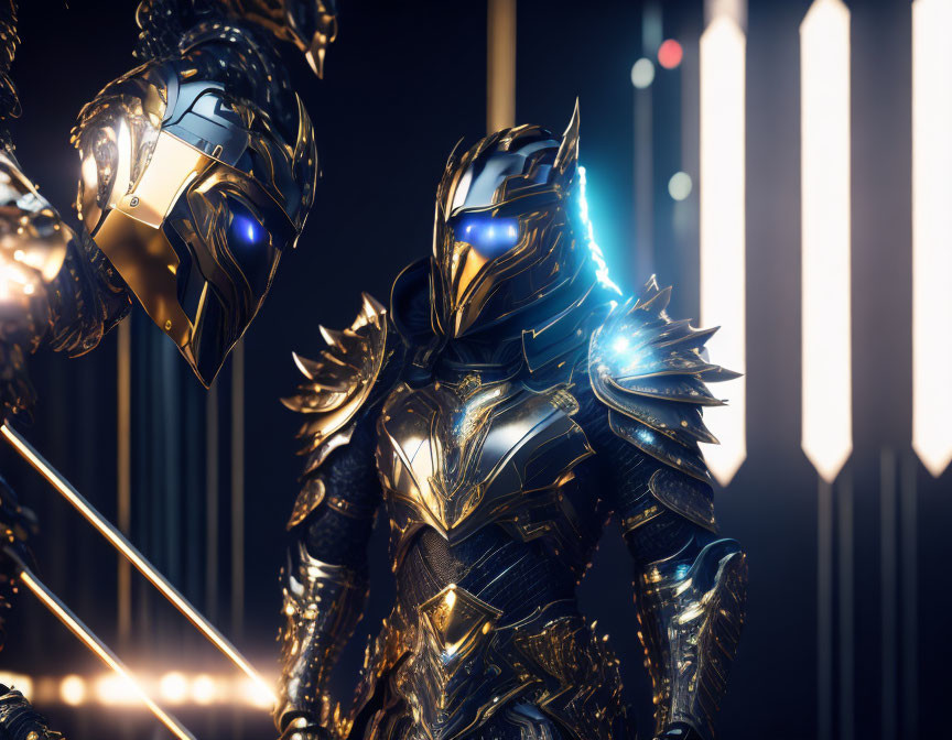 Futuristic knights in glowing blue armor with sleek helmets and illuminated eyes