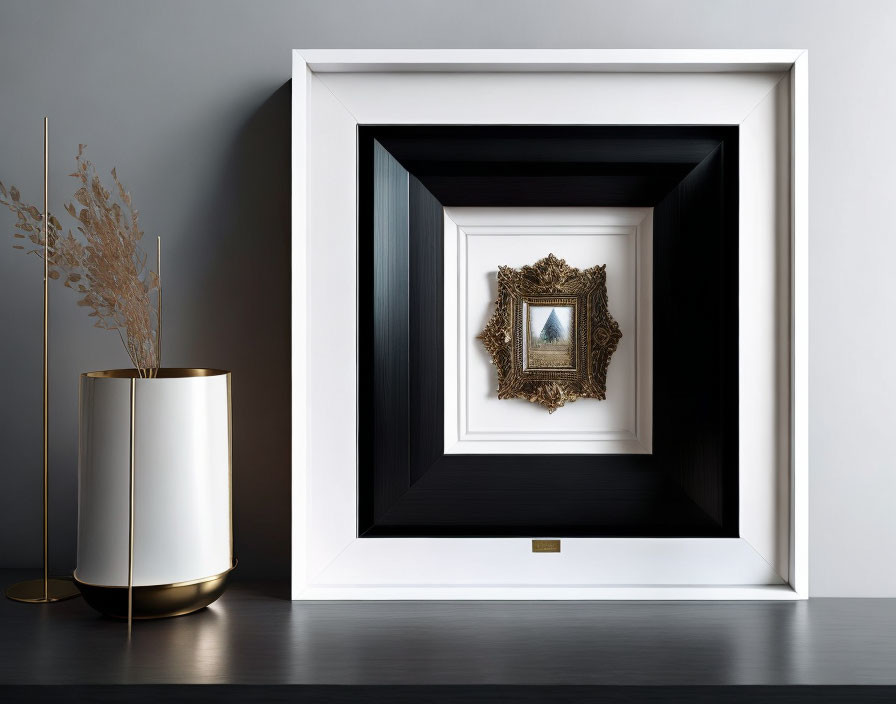 Nested frames on shelf with dried plants vase