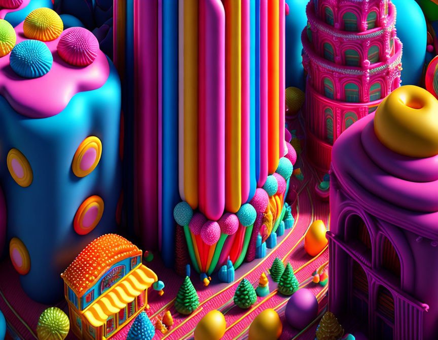 Colorful Fantasy Landscape with Whimsical Sweet Structures