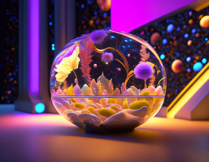 Colorful spherical aquarium with exotic flowers in futuristic neon-lit room