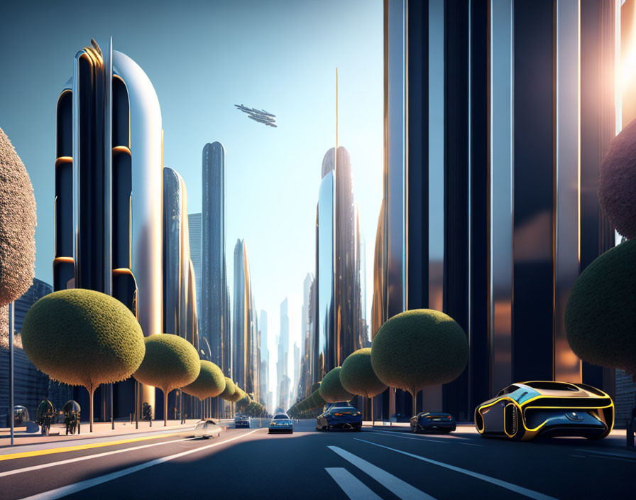 Modern city skyline with tall buildings, green spaces, high-tech vehicles, and flying aircraft.