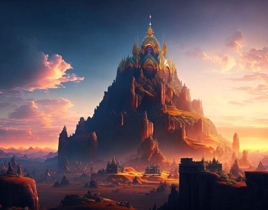 Fantasy palace with ornate spires on mountain at sunset