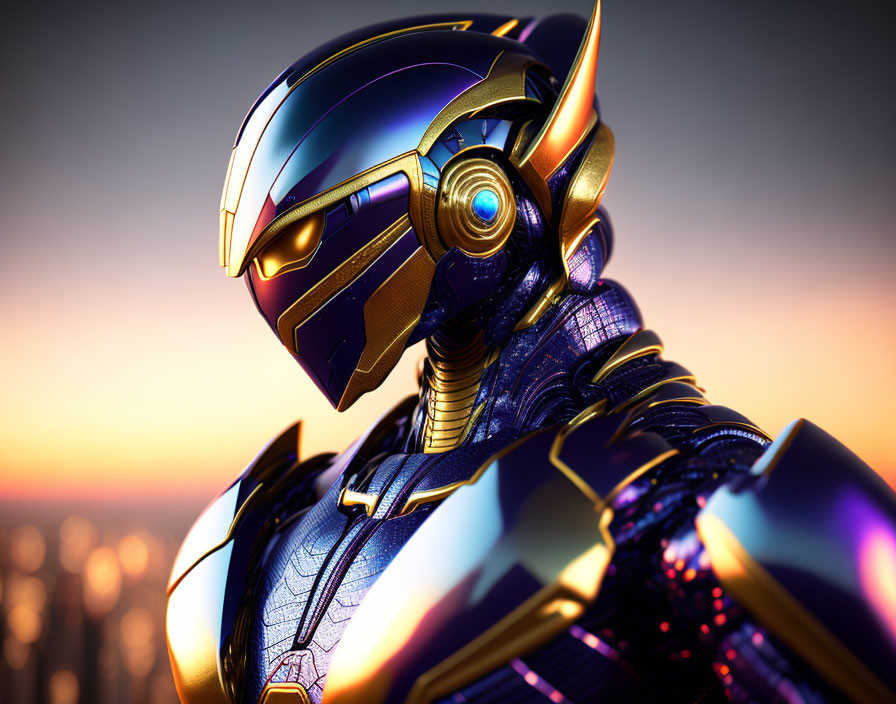 Stylized robotic helmet with glowing eye against cityscape at sunset