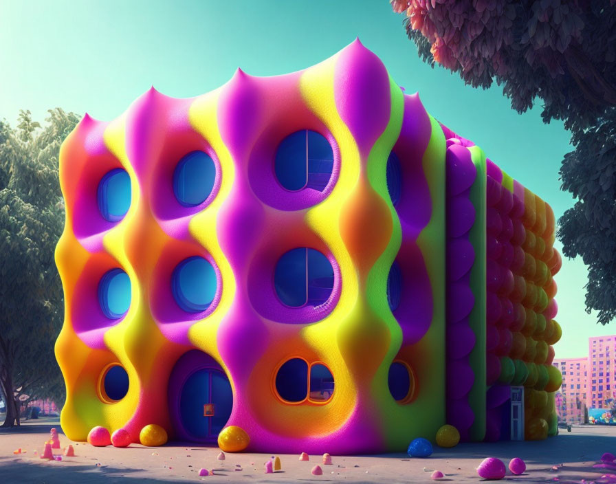 Colorful Whimsical Building with Bubble-Like Facade and Round Windows