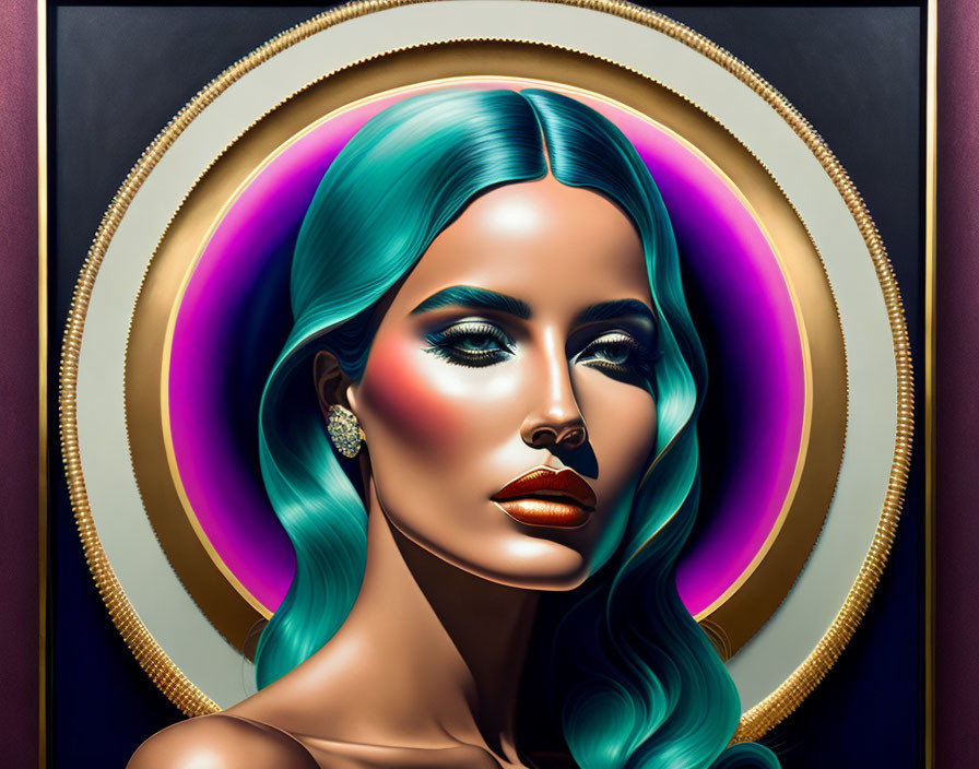 Teal-haired woman with striking makeup and glamorous earring in digital portrait