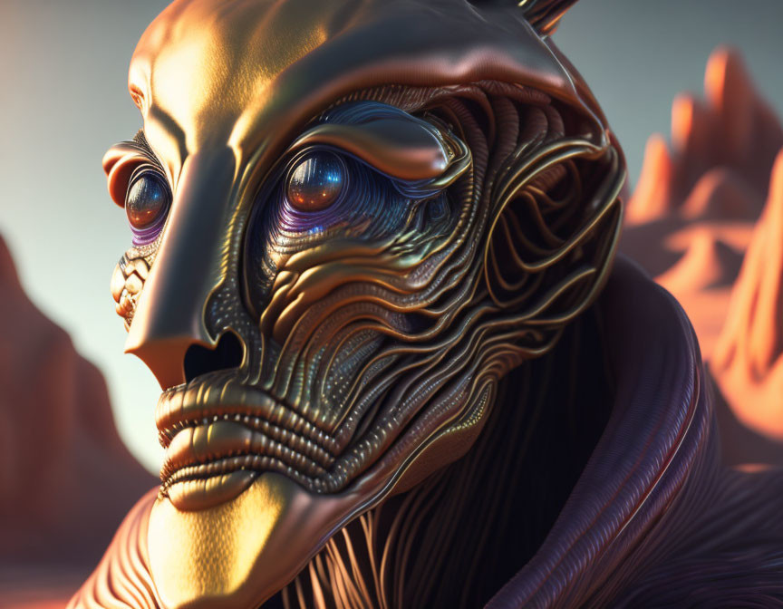 Golden futuristic alien creature with multiple eyes in 3D render