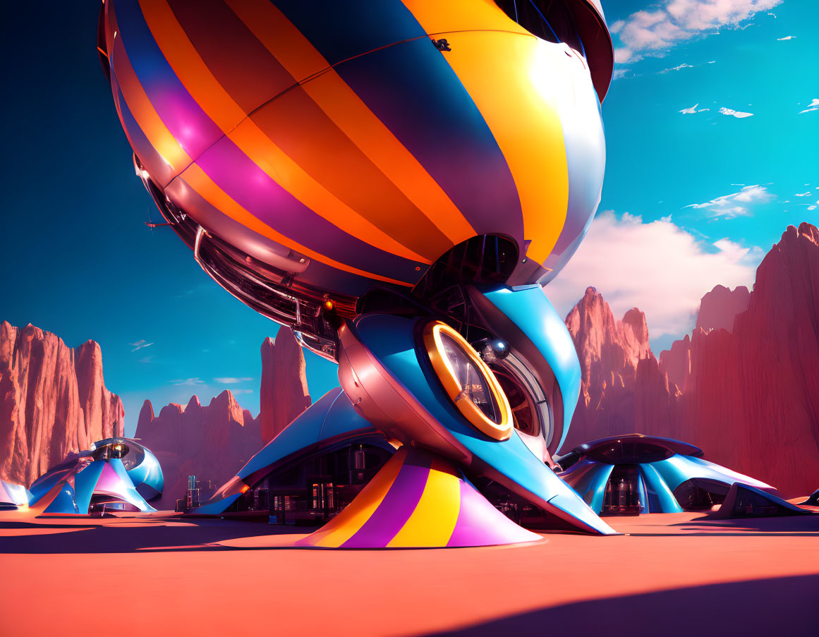 Colorful futuristic airship in desert with red rock formations