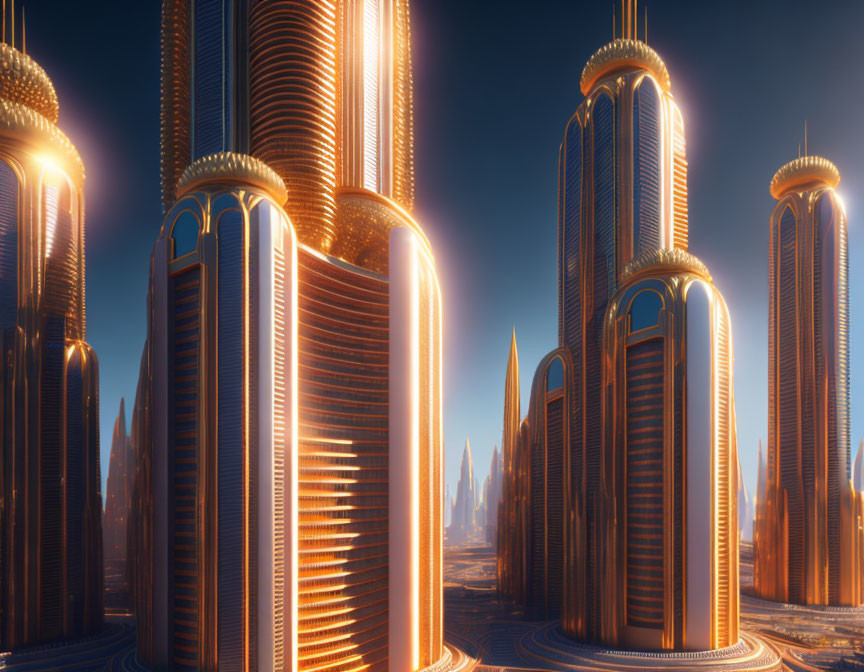 Futuristic cityscape with sleek skyscrapers in orange light