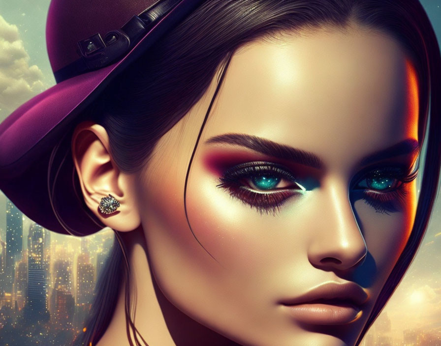 Woman with blue eyes and hat in cityscape digital art.