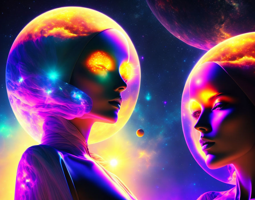 Vibrant cosmic beings with celestial heads in space environment