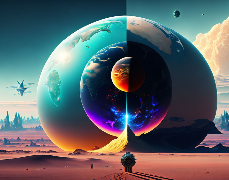 Colossal Segmented Planets in Surreal Landscape with Spaceship and Desert Structure