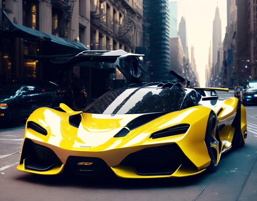 Yellow Sports Car with Black Stripes Parked on City Street