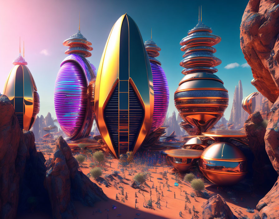 Futuristic cityscape with egg-shaped buildings in desert setting