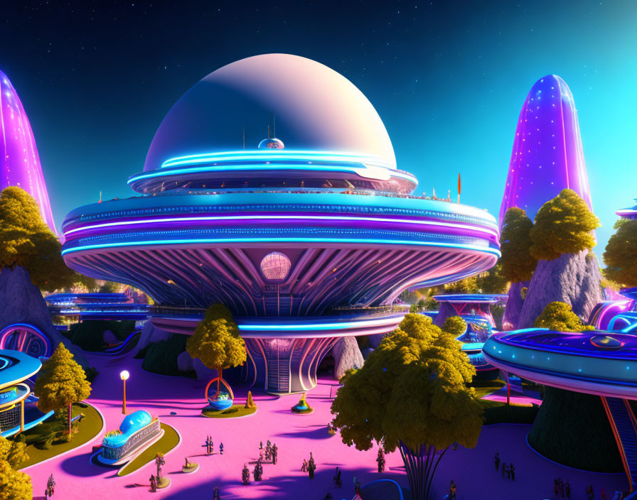 Futuristic cityscape at dusk with neon-lit dome buildings in lush greenery