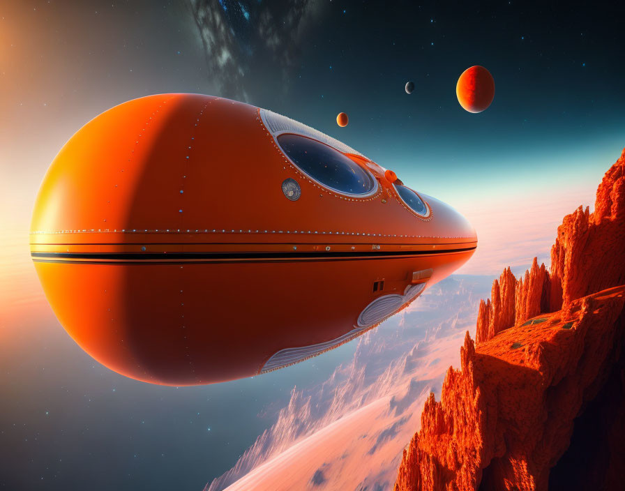 Futuristic orange spaceship above rocky terrain with planet and moons in background