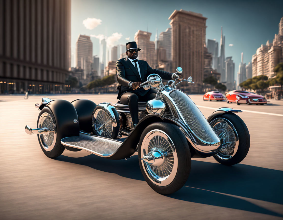 Stylish person in suit on vintage trike motorcycle with skyscrapers.