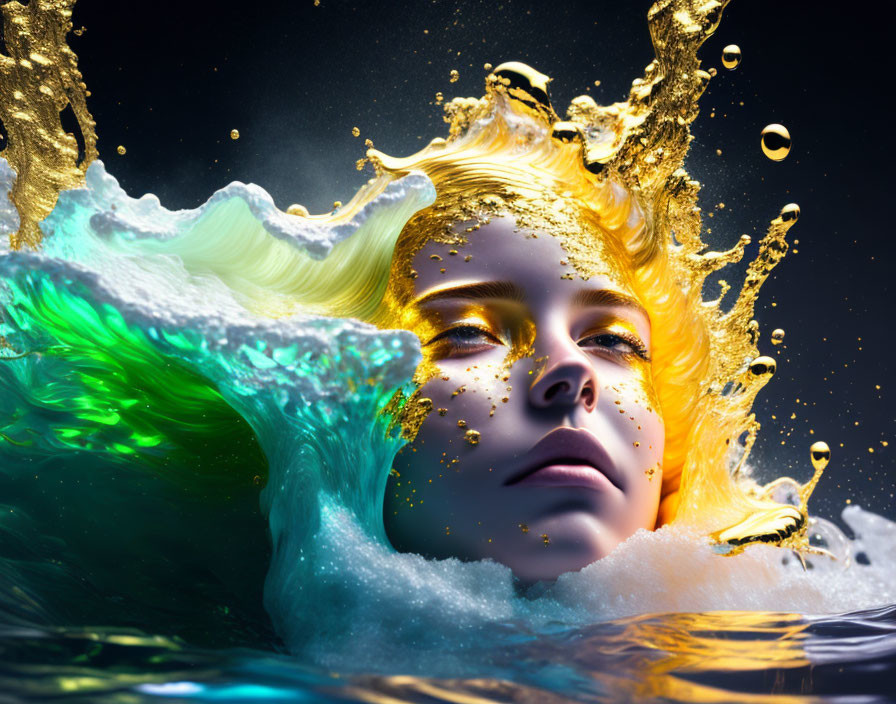 Abstract digital artwork: person's face submerged in water with gold splashes and colorful swirls