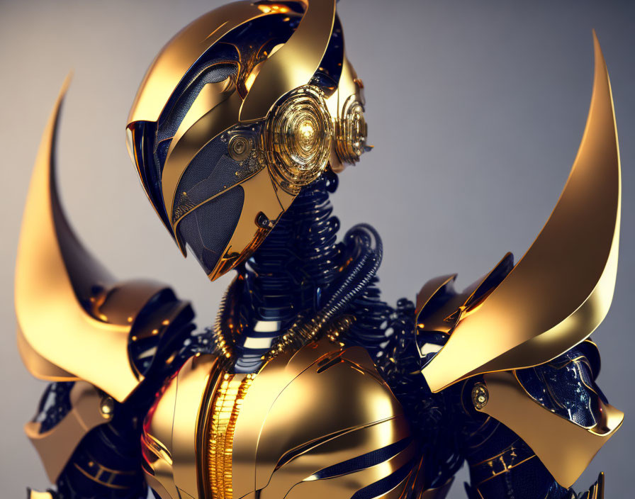 Detailed Golden Robot with Horns and Futuristic Design