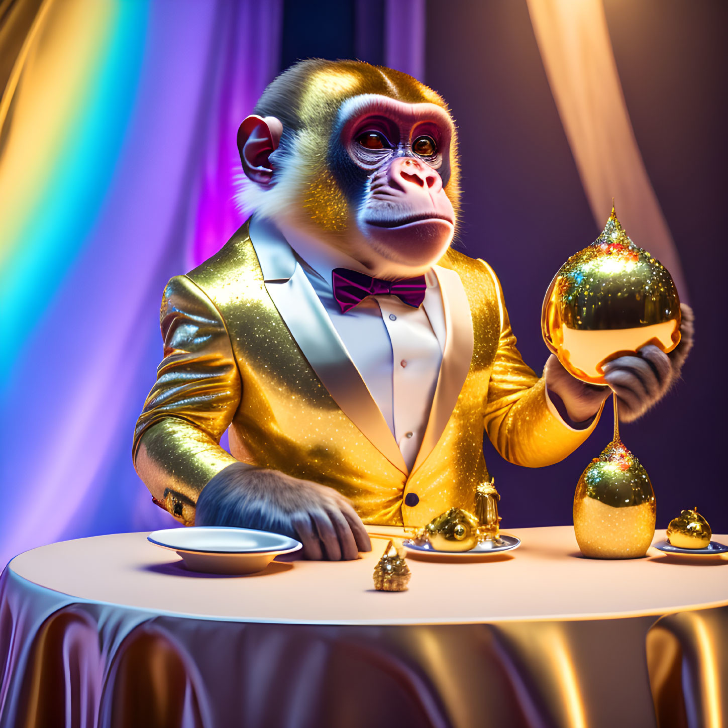 Baboon in Gold Suit and Bowtie Admiring Sparkling Ornament