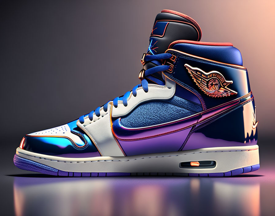 Colorful High-Top Sneaker with Metallic Sheen and Winged Emblem