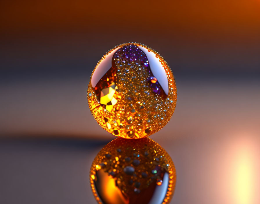 Glittering textured sphere above reflective surface in warm light