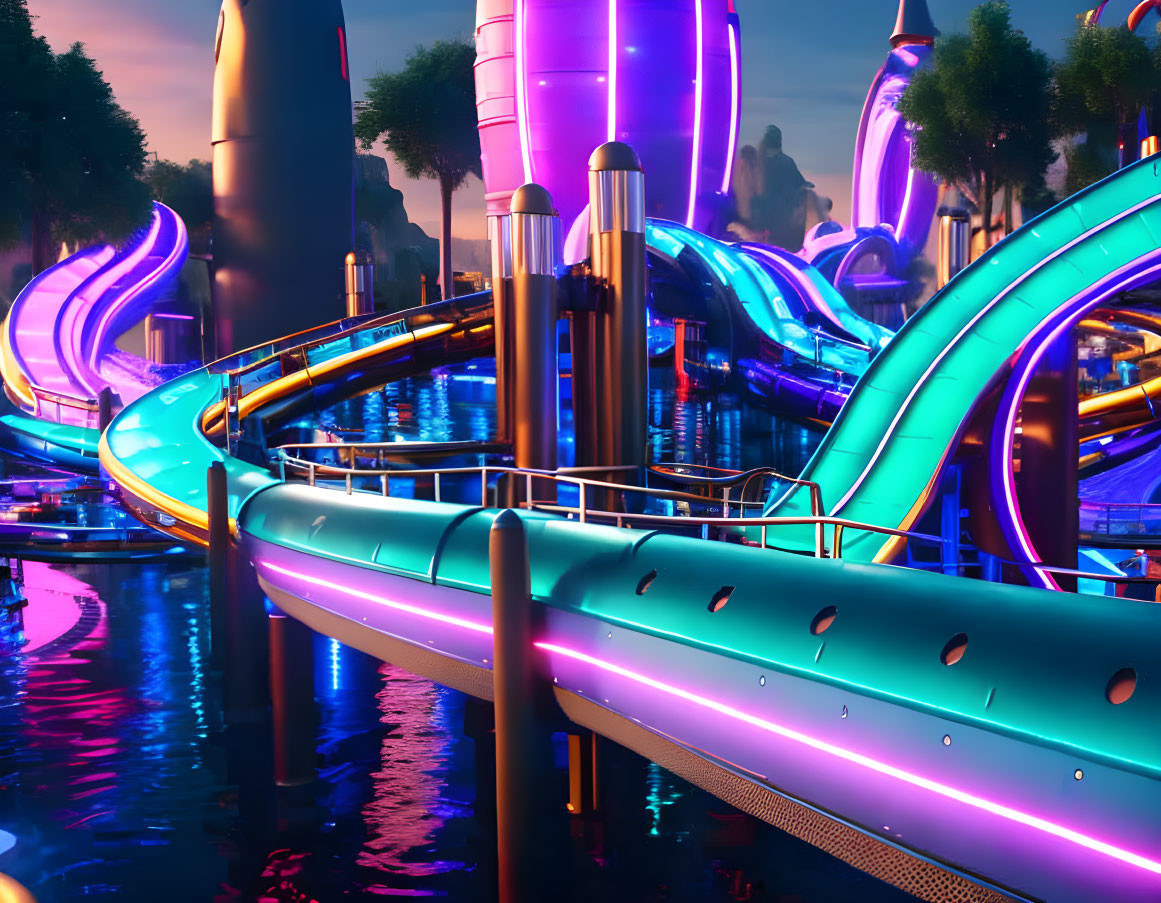 Neon-lit futuristic waterpark at dusk