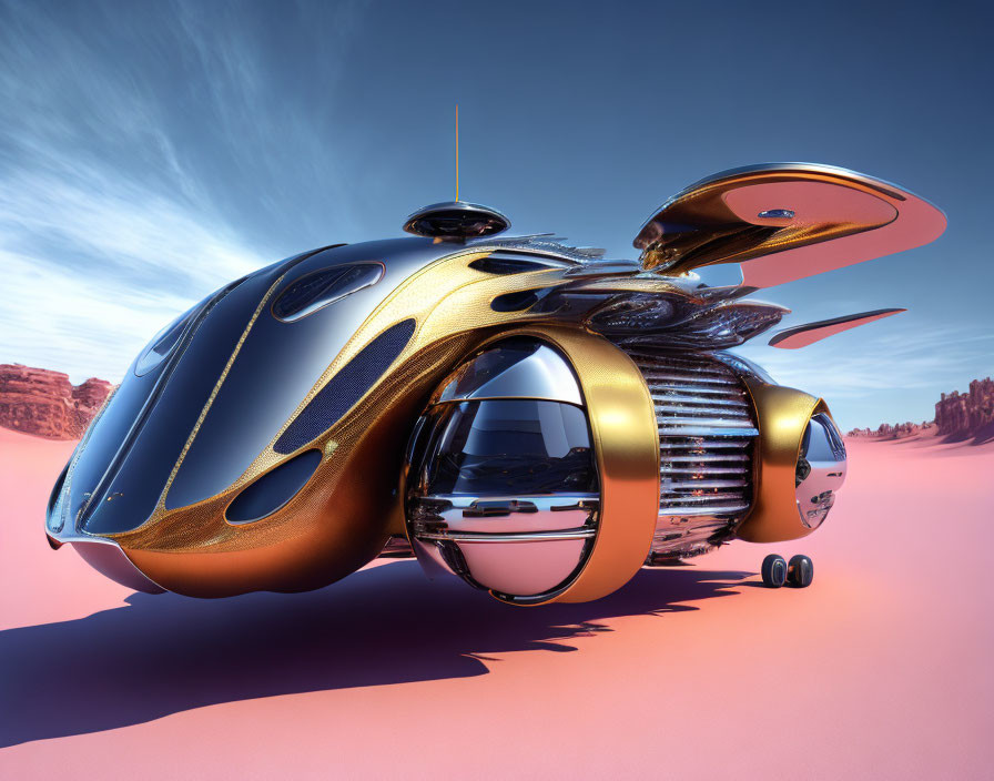 Sleek Golden-Black Futuristic Vehicle in Desert Landscape