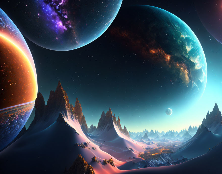 Vibrant planets over alien mountainous terrain