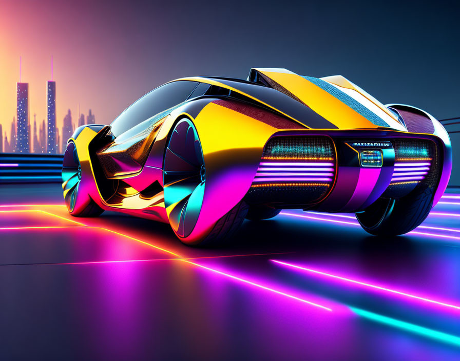 Sleek futuristic car with neon accents on luminous road