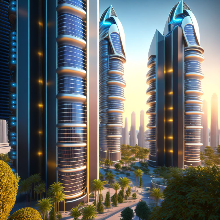 Futuristic cityscape with tall, sleek skyscrapers and lush greenery at dusk