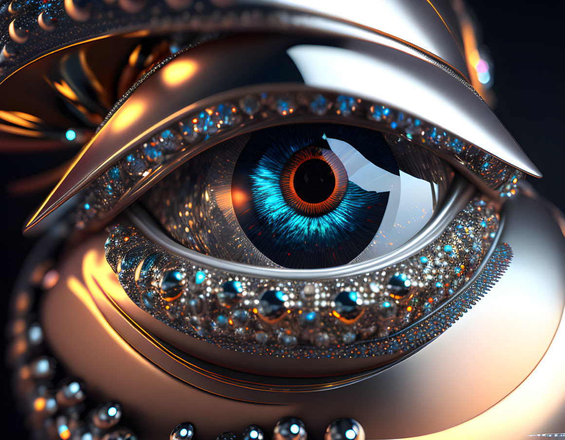 Detailed artistic rendering of blue iris eye with metallic structures and crystals