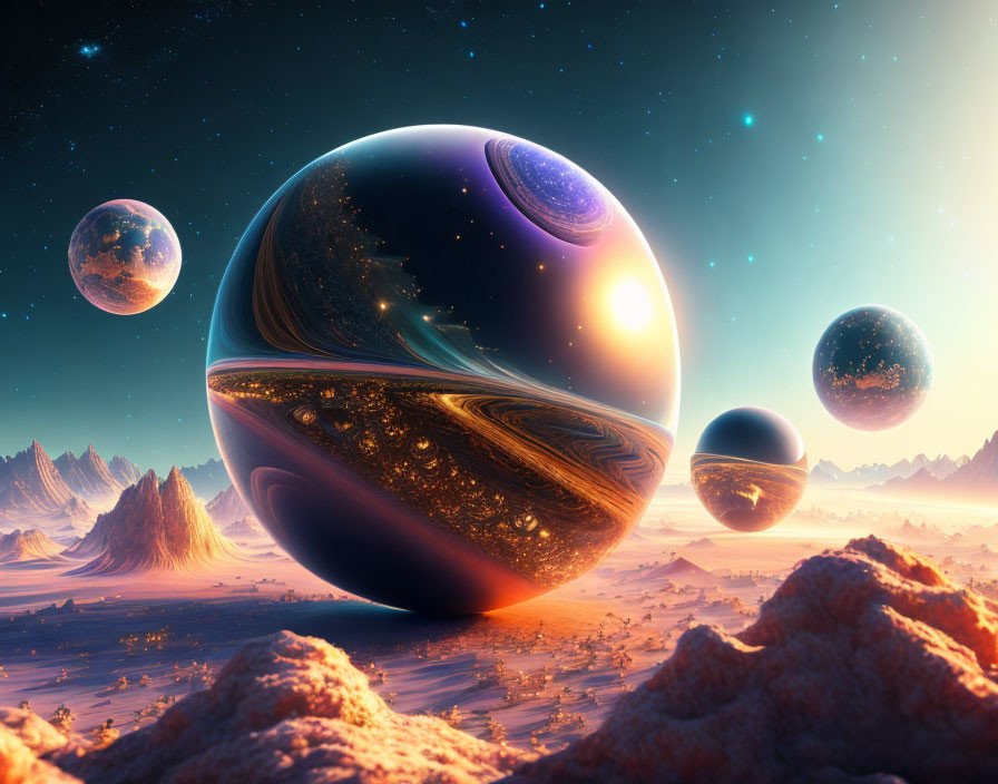 Fantastical landscape with reflective spheres in alien desert under cosmic sky