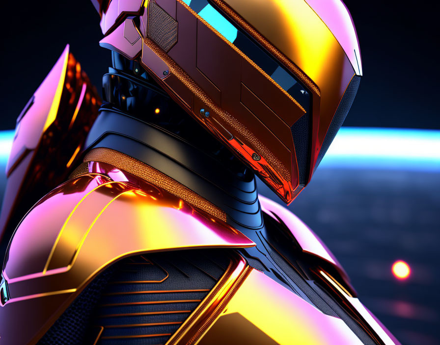 Sleek armored robot with polished helmet in neon-lit scene