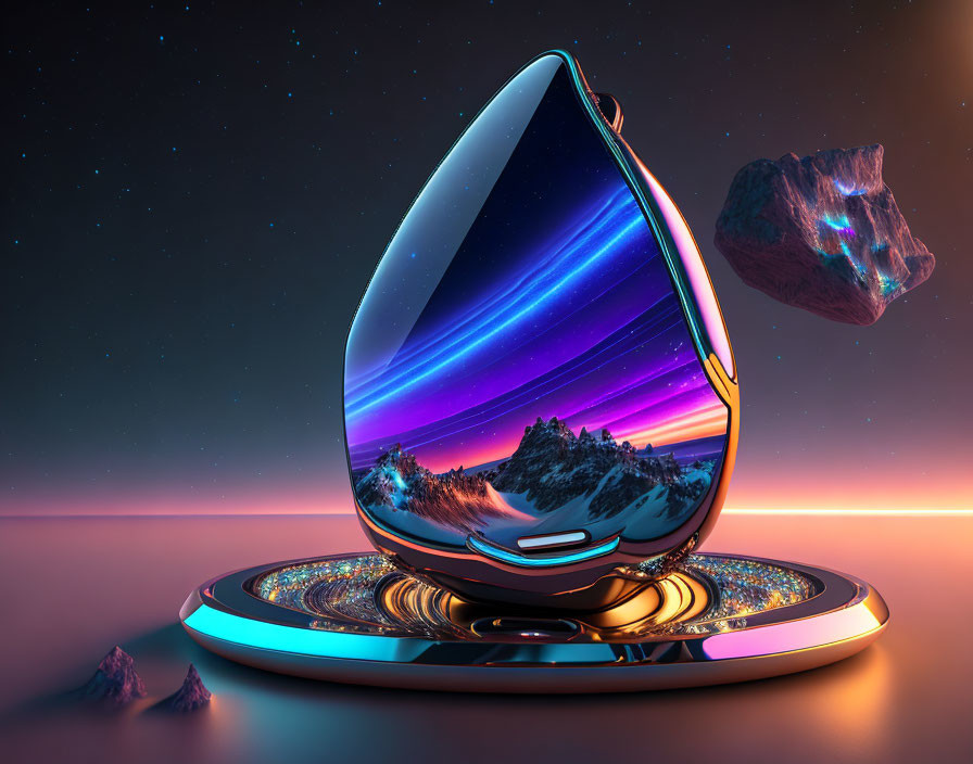 Futuristic holographic display of mountain landscape on alien terrain