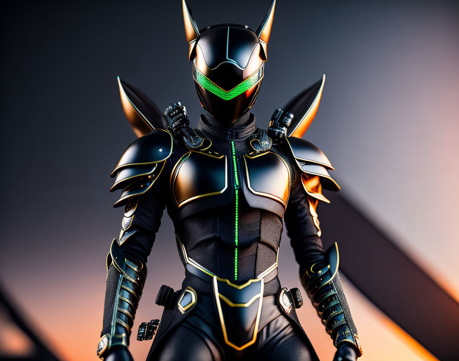 Black and gold armored character with green visor eyes on orange gradient background